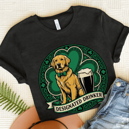 Golden Retriever Designated Drinker St Patricks Day Unisex TShirt Dark Grey Heather