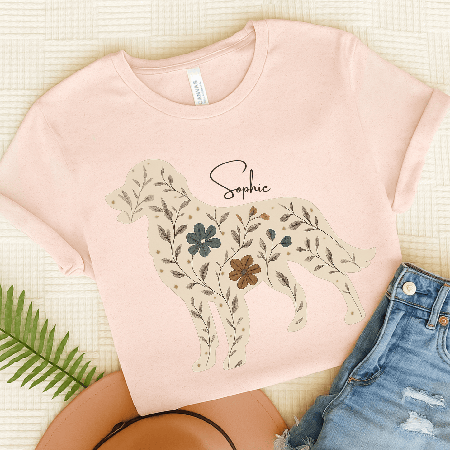 Golden Retriever Floral Silhouette Unisex TShirt Soft Pink