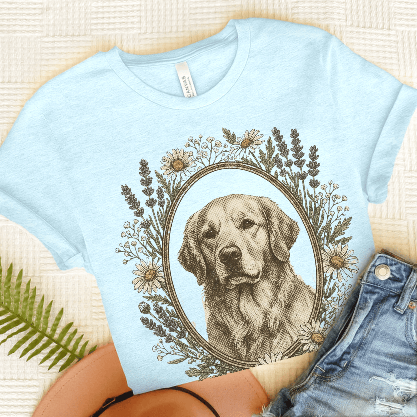 Golden Retriever Flower Frame Unisex Tshirt Heather Ice Blue