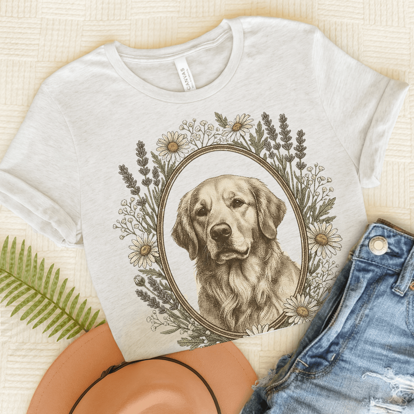 Golden Retriever Flower Frame Unisex Tshirt Ash