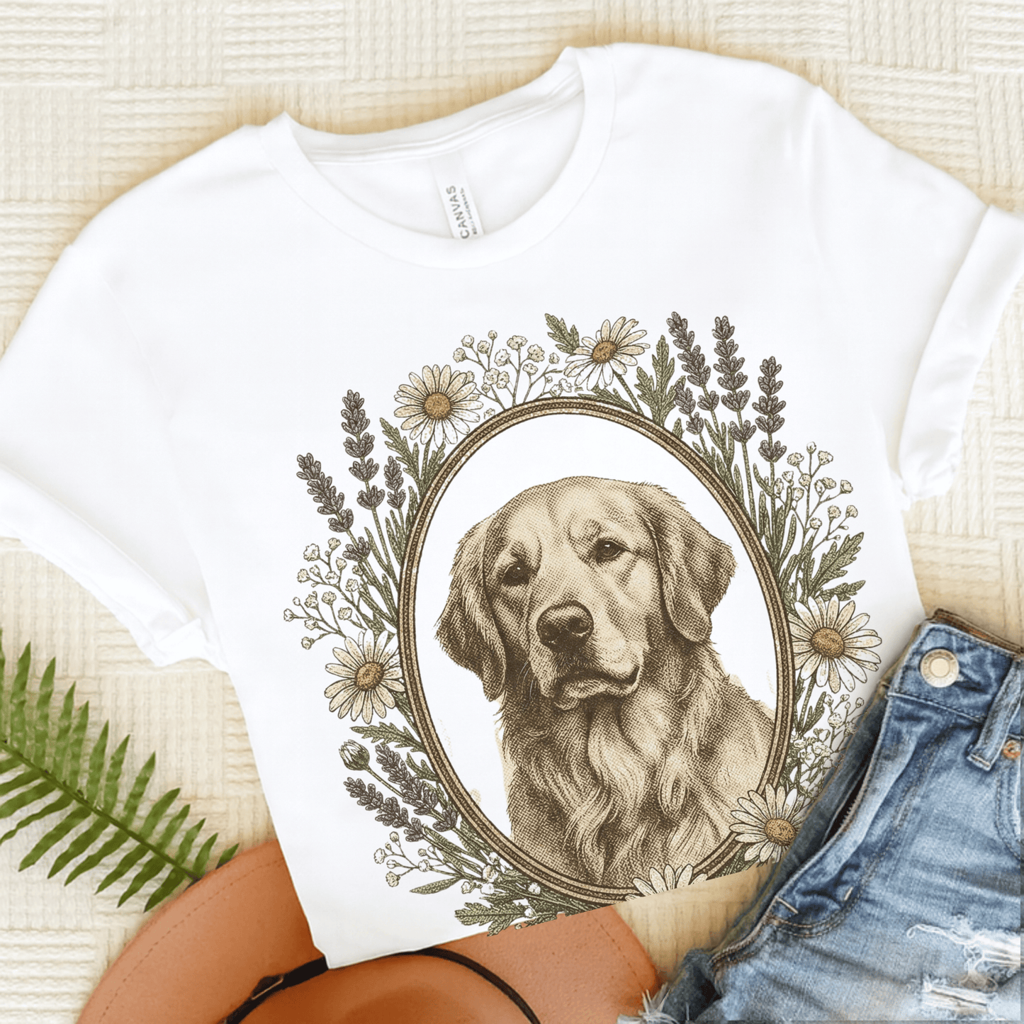 Golden Retriever Flower Frame Unisex Tshirt White