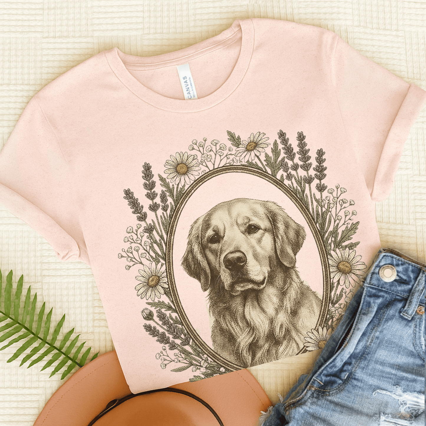 Golden Retriever Flower Frame Unisex Tshirt Soft Pink