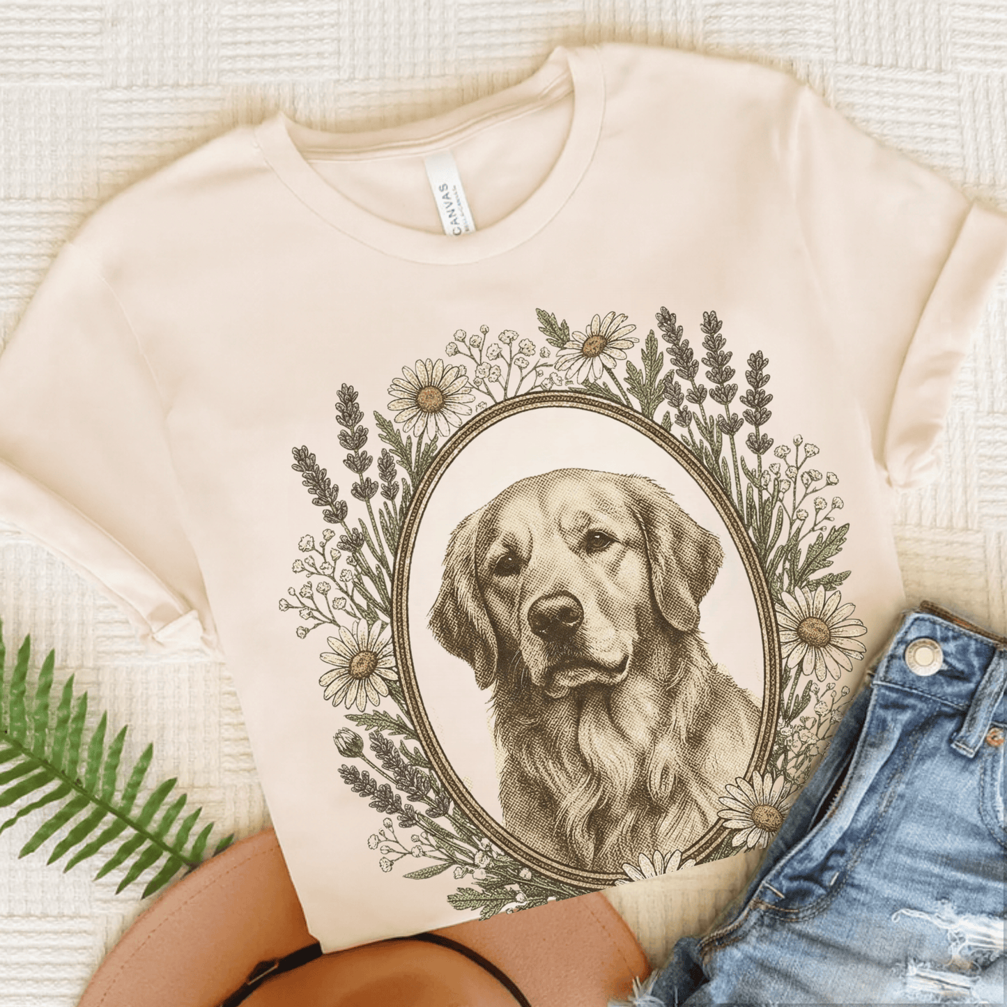 Golden Retriever Flower Frame Unisex Tshirt Natural