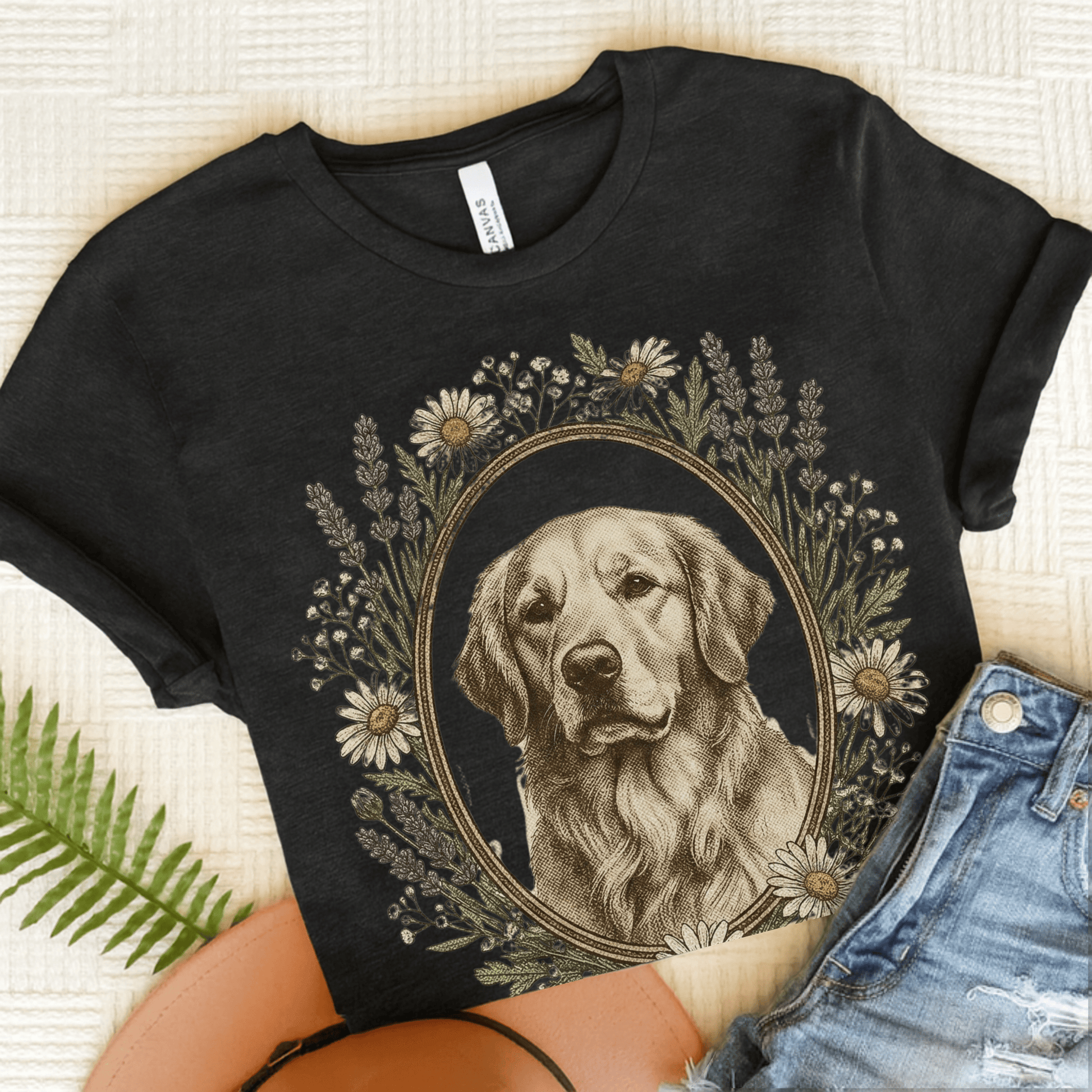 Golden Retriever Flower Frame Unisex Tshirt Dark Grey Heather