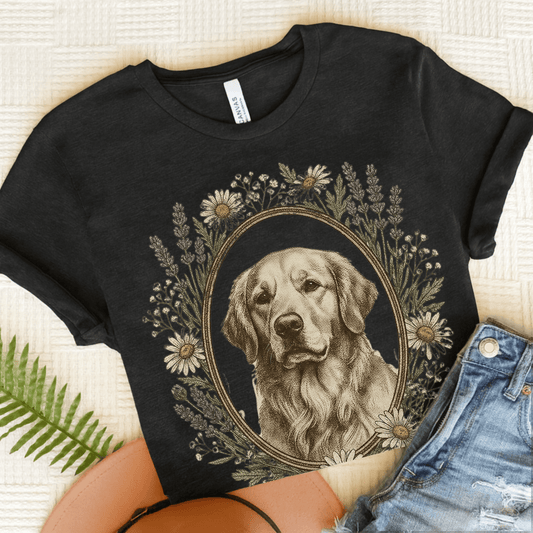 Golden Retriever Flower Frame Unisex Tshirt Dark Grey Heather