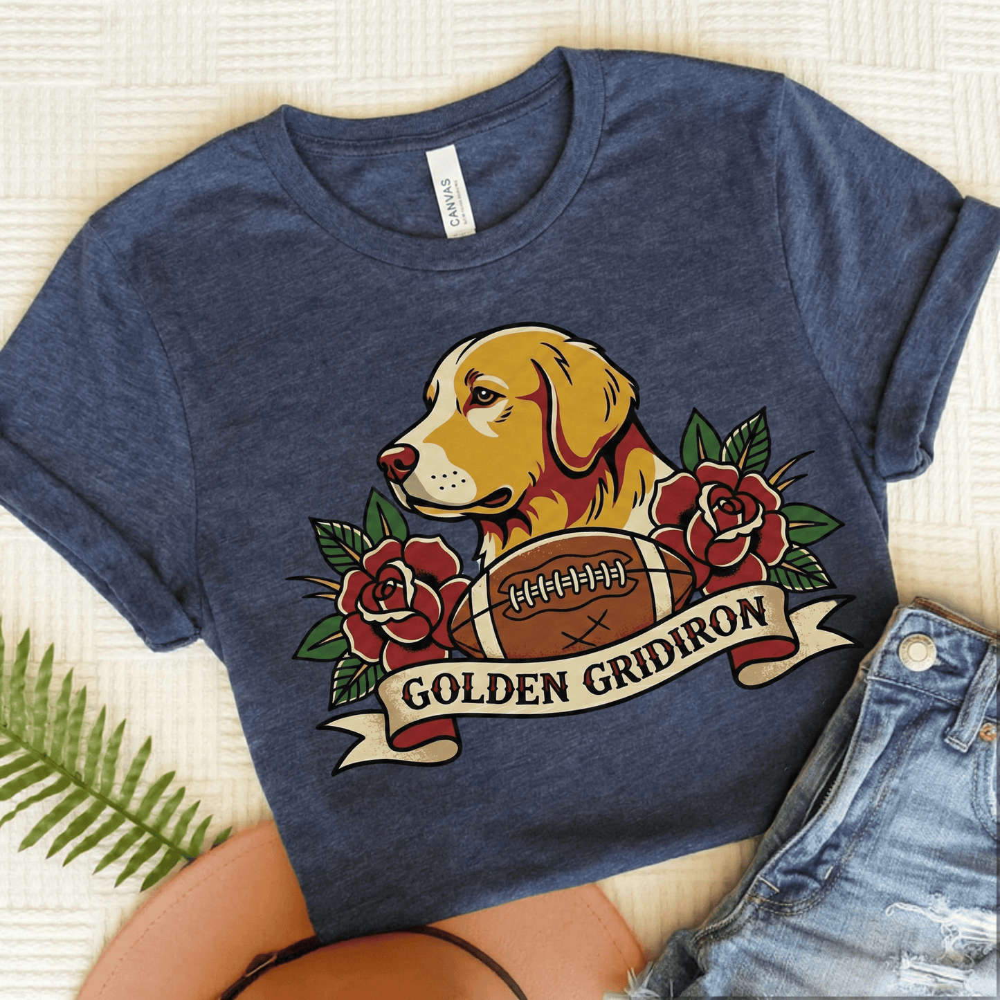 Golden Retriever Football Gridiron Unisex TShirt Heather Navy