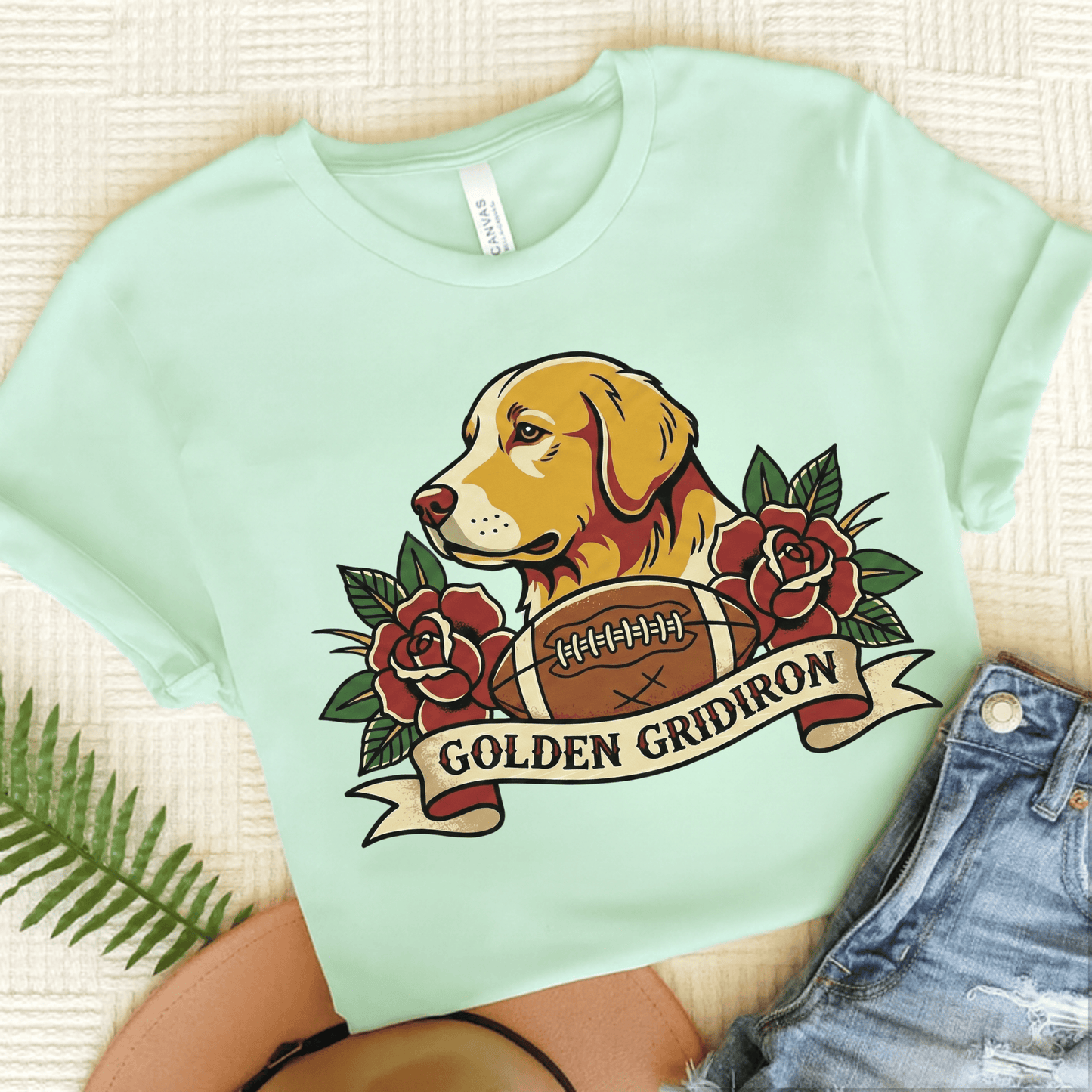 Golden Retriever Football Gridiron Unisex TShirt Heather Mint