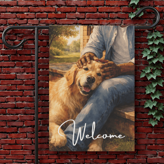 Golden Retriever Front Porch Cuddles Garden Flag 12'' × 18''