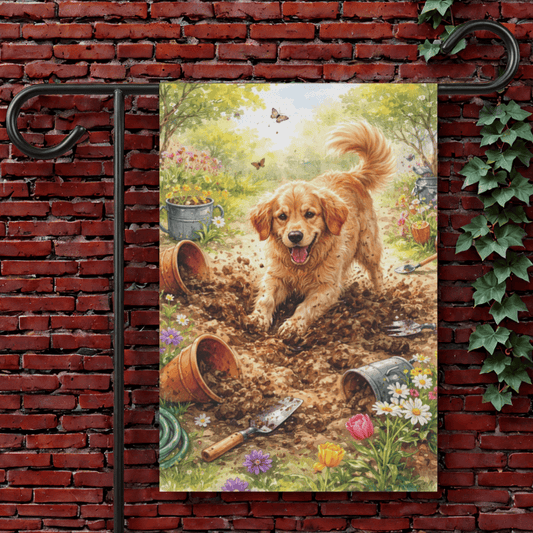 Golden Retriever Gardening Helper Garden Flag 12'' × 18''