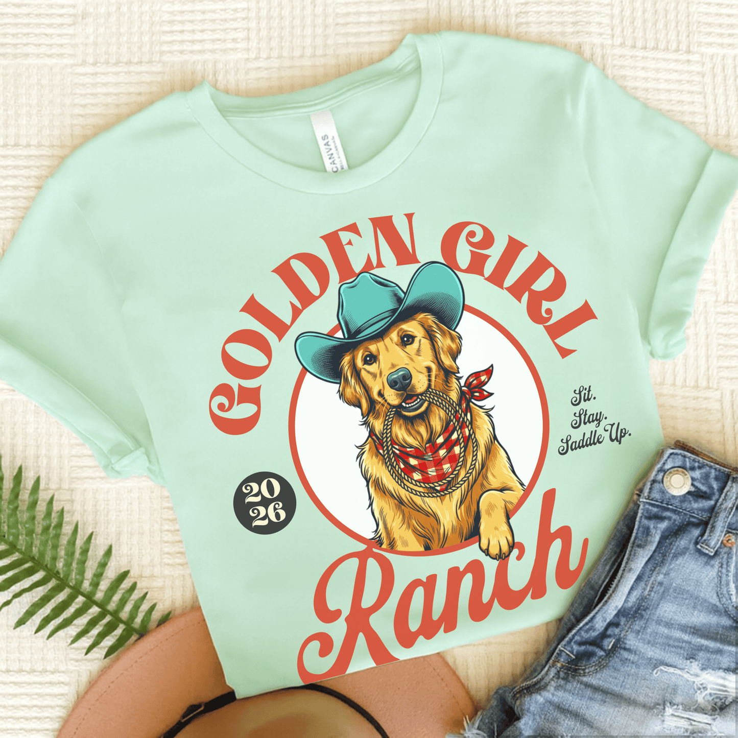 Golden Retriever Girl Ranch Unisex Tshirt Heather Mint