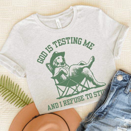 Golden Retriever God is Testing Unisex Tshirt Ash