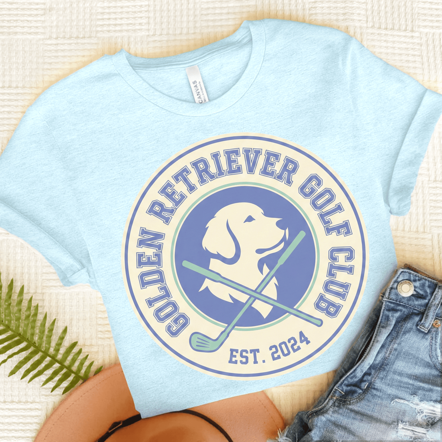 Golden Retriever Golf Club Unisex TShirt Heather Ice Blue