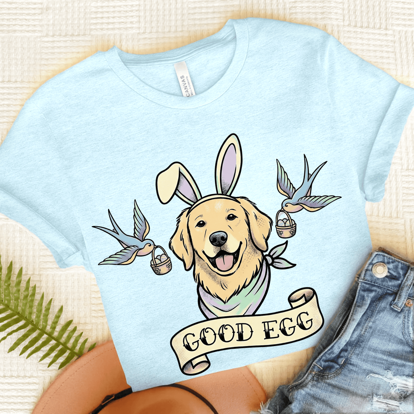 Golden Retriever Good Egg Easter Unisex TShirt Heather Ice Blue