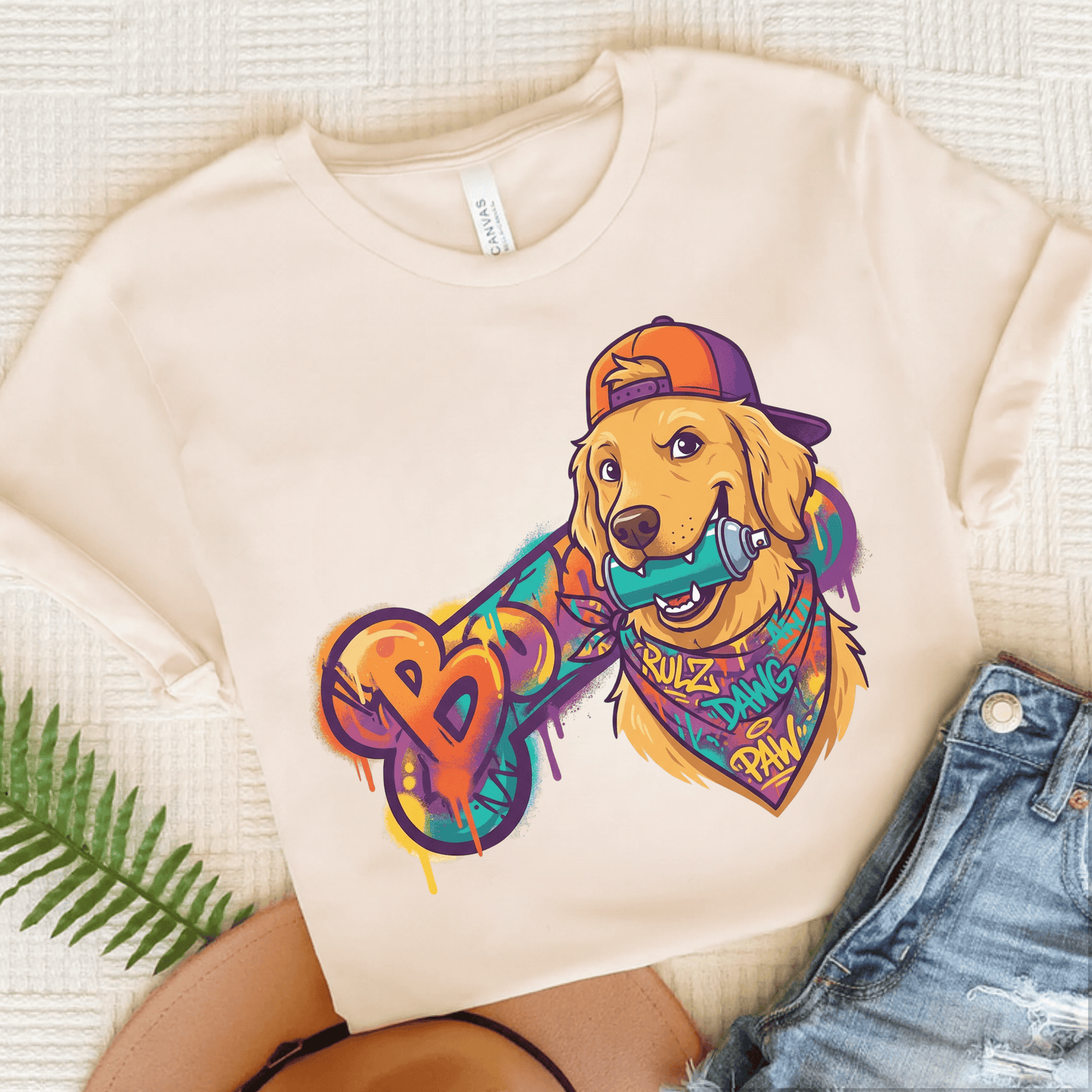 Golden Retriever Graffiti Bone Unisex Tshirt Natural