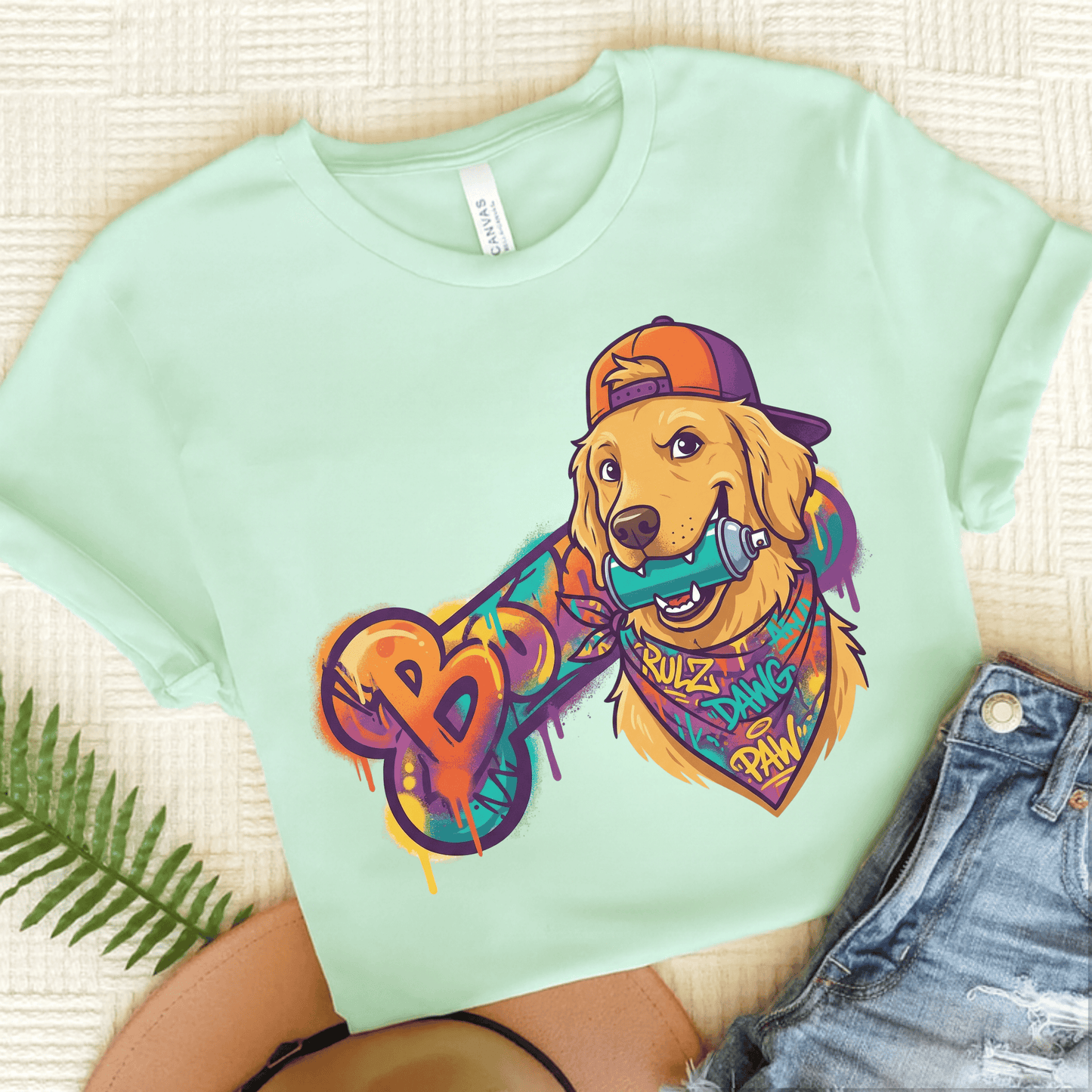 Golden Retriever Graffiti Bone Unisex Tshirt Heather Mint