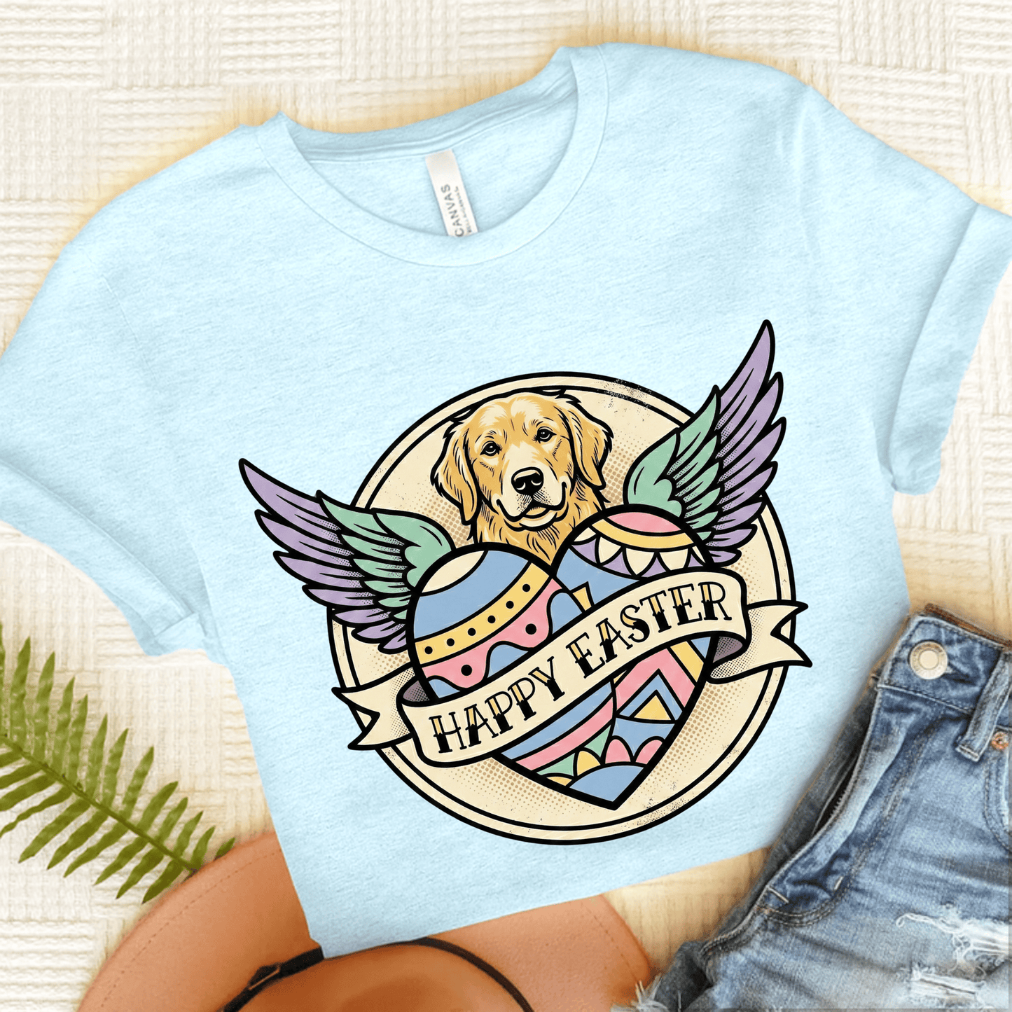 Golden Retriever Happy Easter Tattoo Unisex TShirt Heather Ice Blue