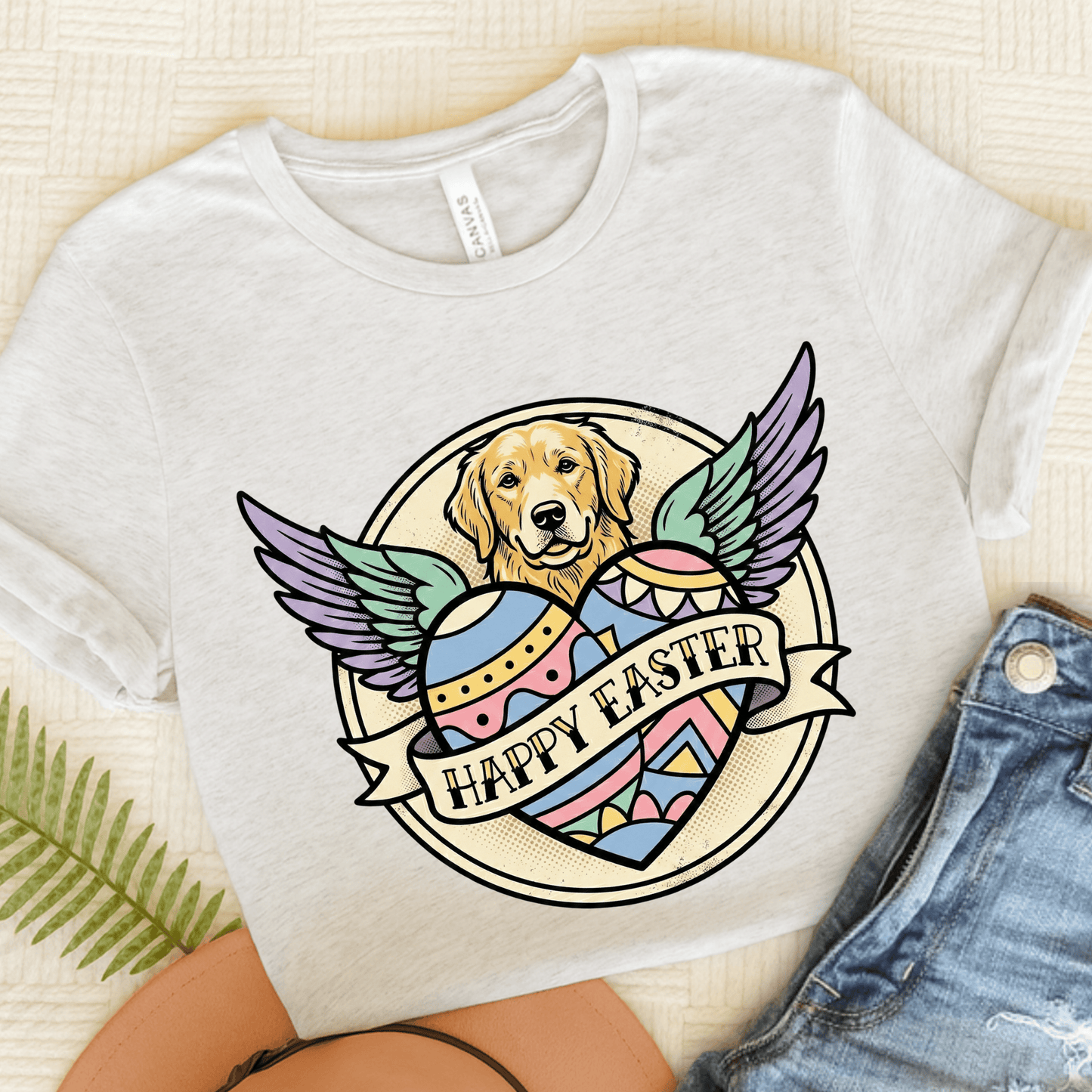 Golden Retriever Happy Easter Tattoo Unisex TShirt Ash