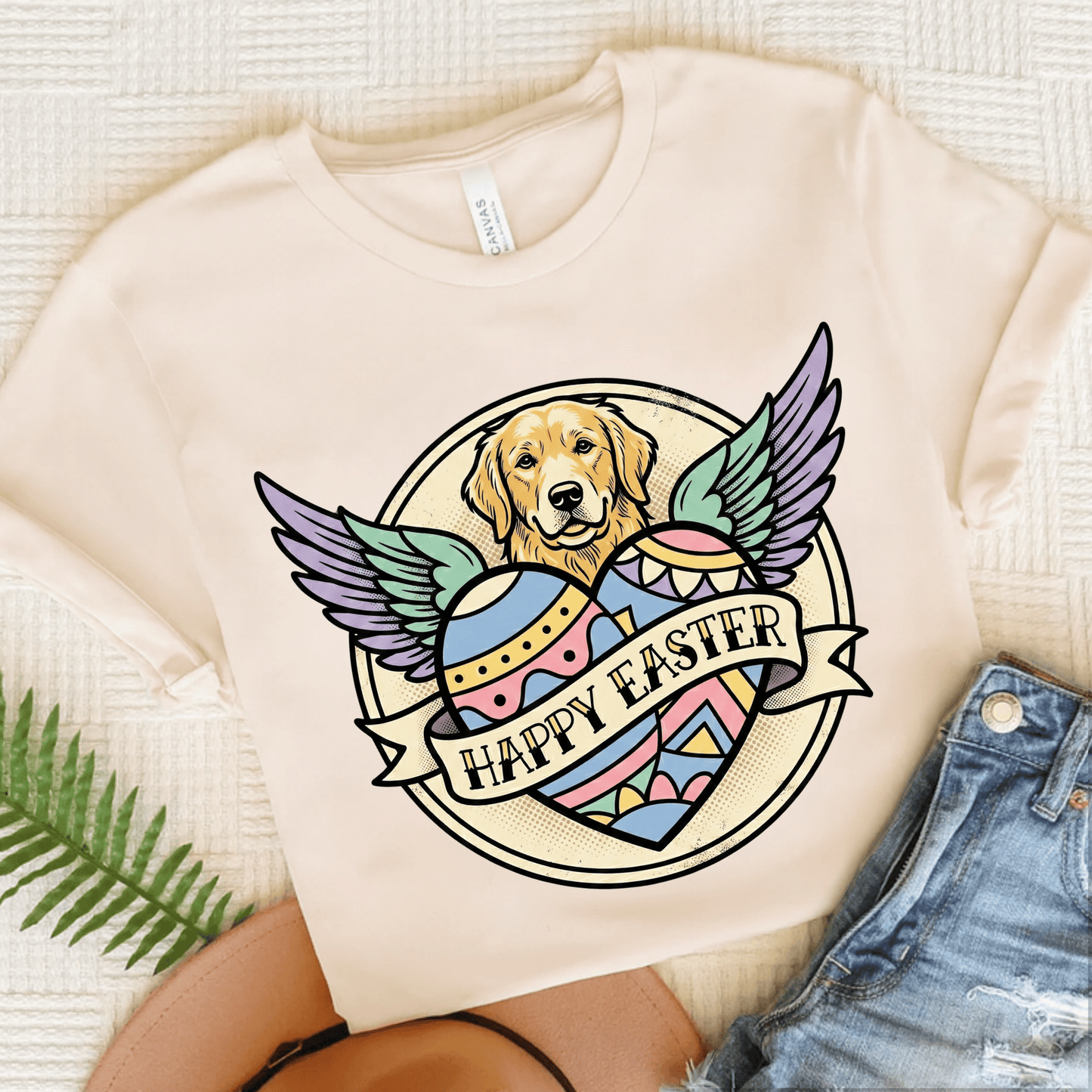 Golden Retriever Happy Easter Tattoo Unisex TShirt Natural