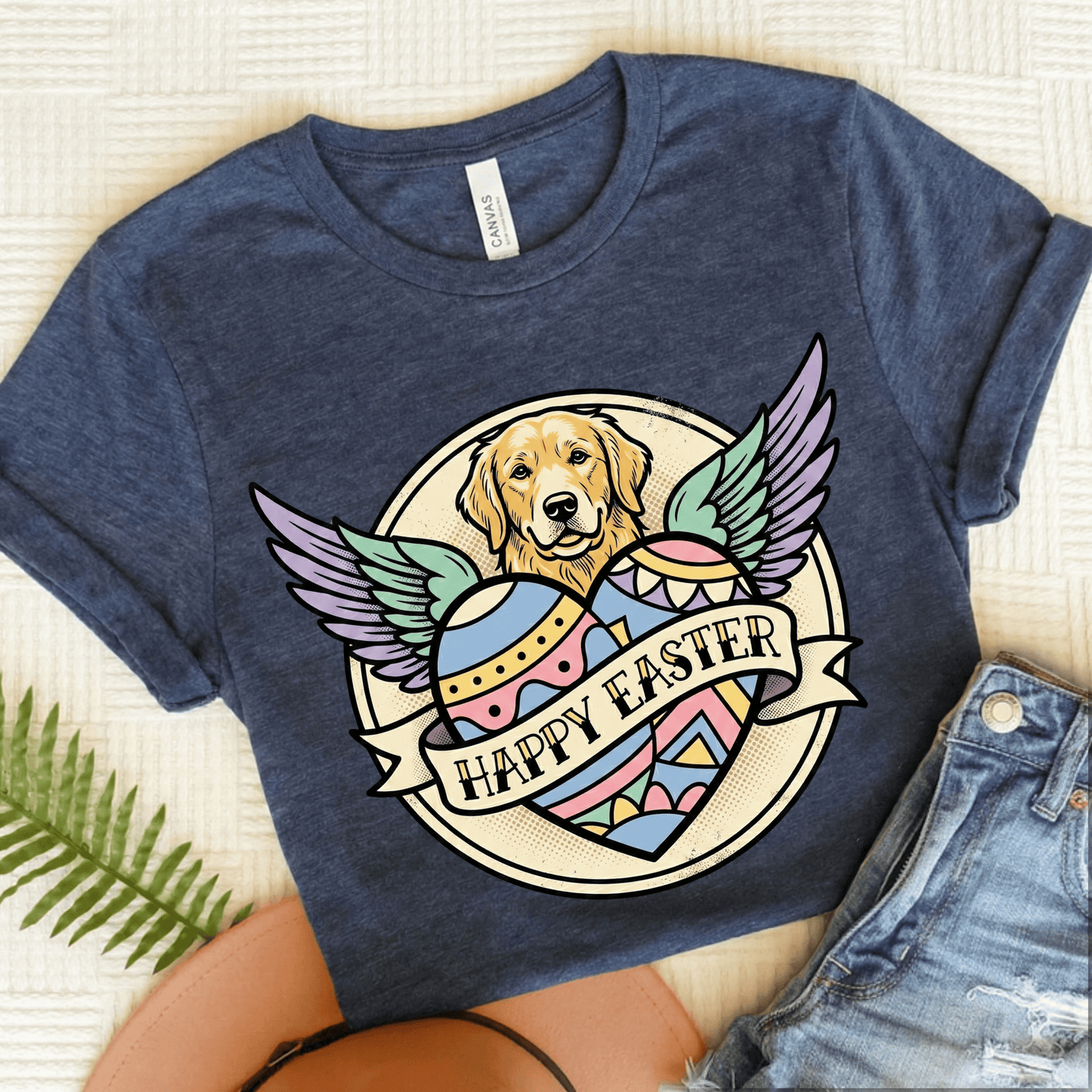 Golden Retriever Happy Easter Tattoo Unisex TShirt Heather Navy