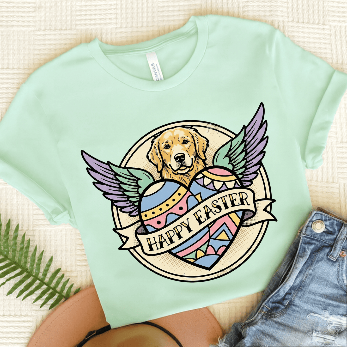 Golden Retriever Happy Easter Tattoo Unisex TShirt Heather Mint