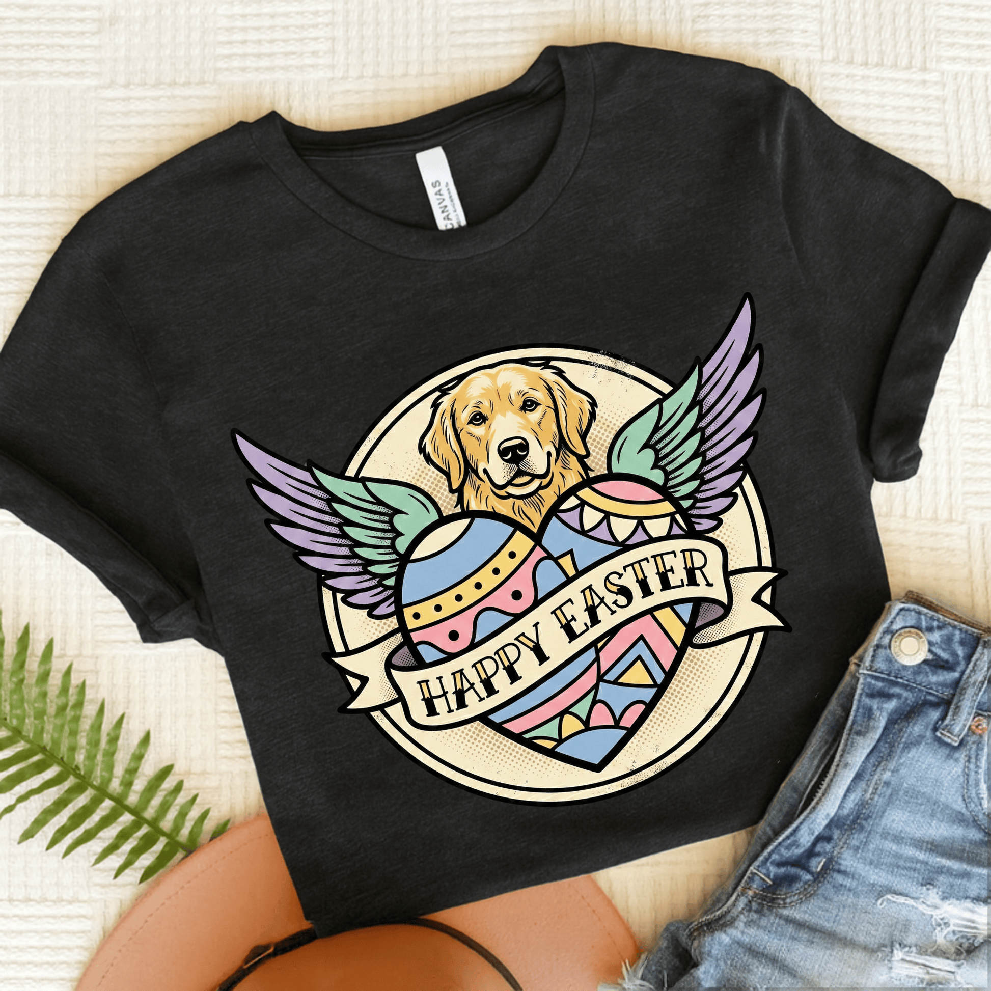 Golden Retriever Happy Easter Tattoo Unisex TShirt Dark Grey Heather