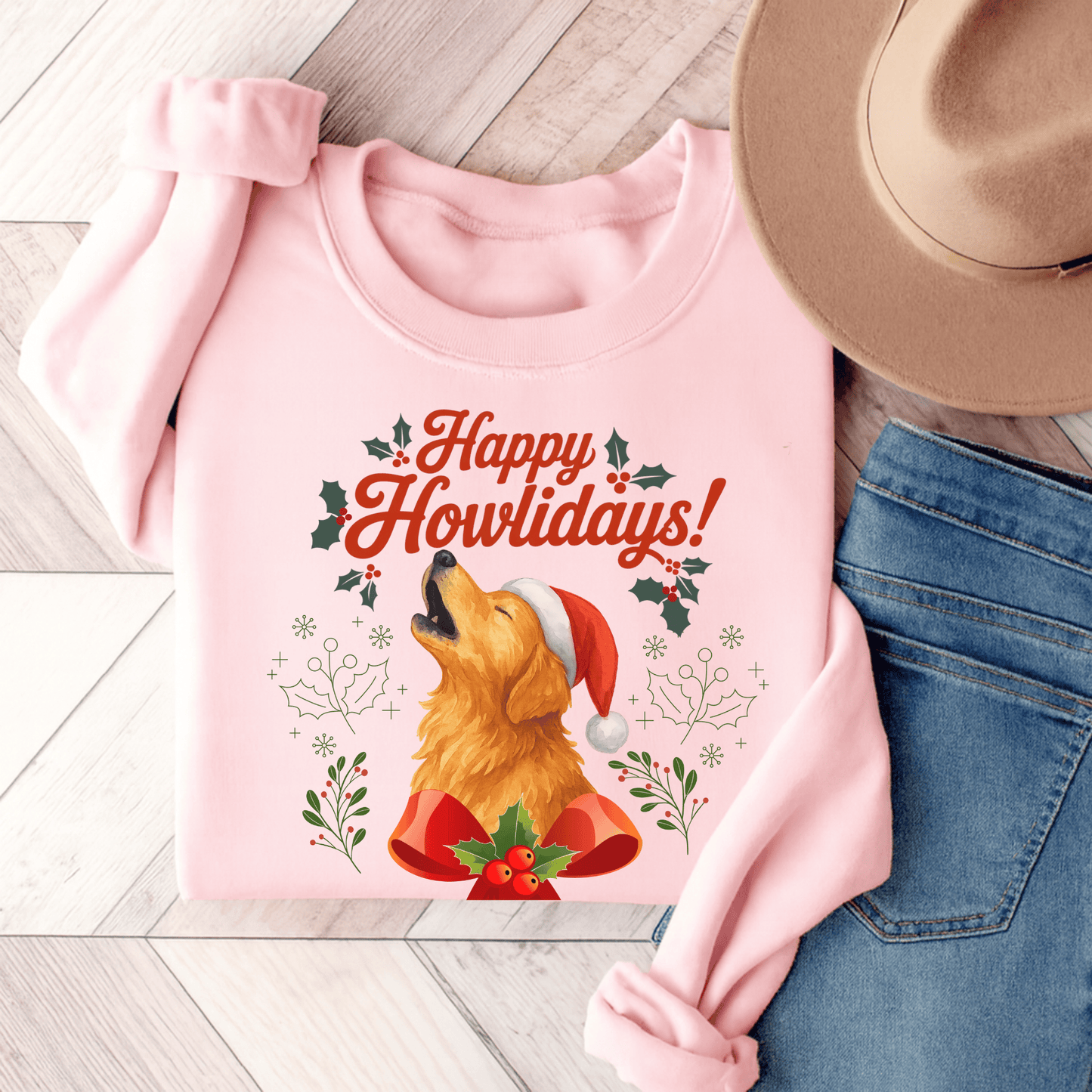 Golden Retriever Happy Howlidays Unisex Sweatshirt Light Pink