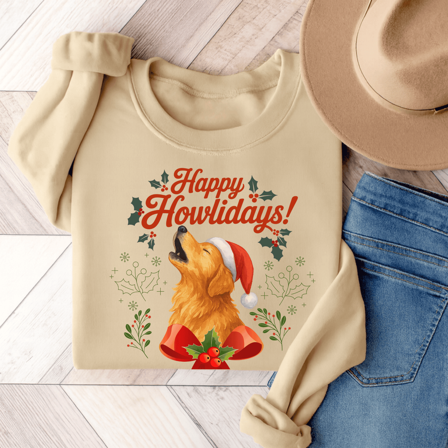 Golden Retriever Happy Howlidays Unisex Sweatshirt Sand