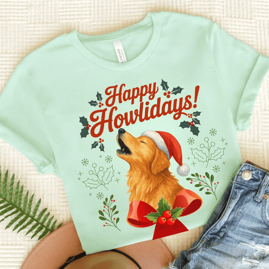 Golden Retriever Happy Howlidays Unisex TShirt Heather Mint