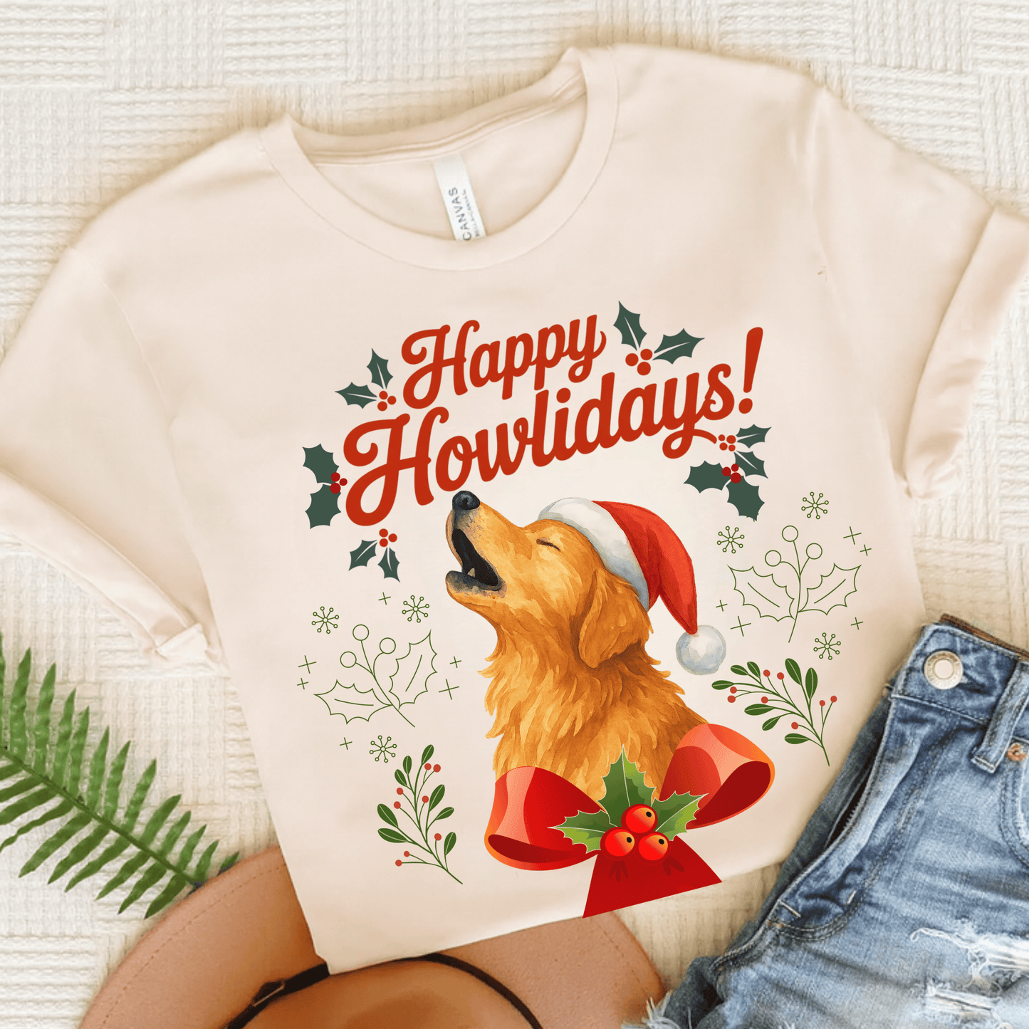 Golden Retriever Happy Howlidays Unisex TShirt Natural