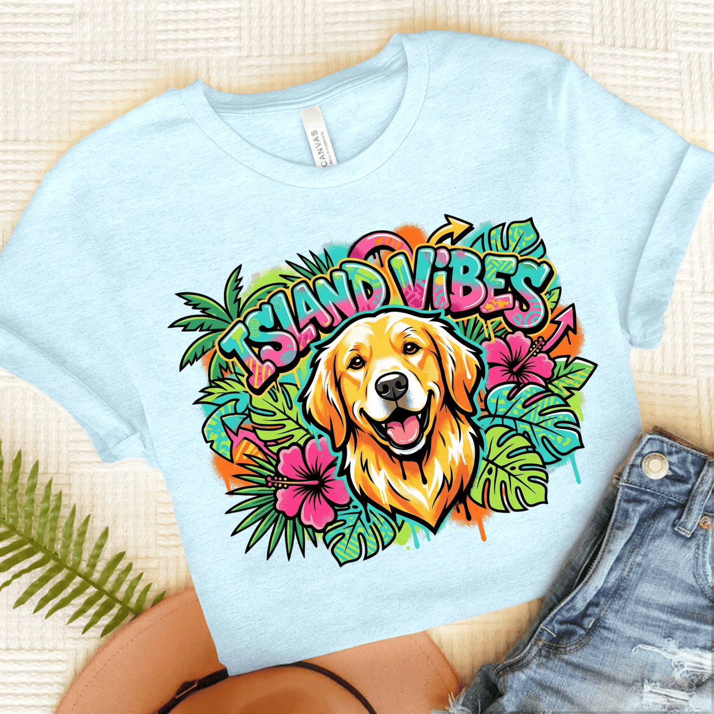 Golden Retriever Hawaiian Island Vibes Unisex Tshirt Heather Ice Blue