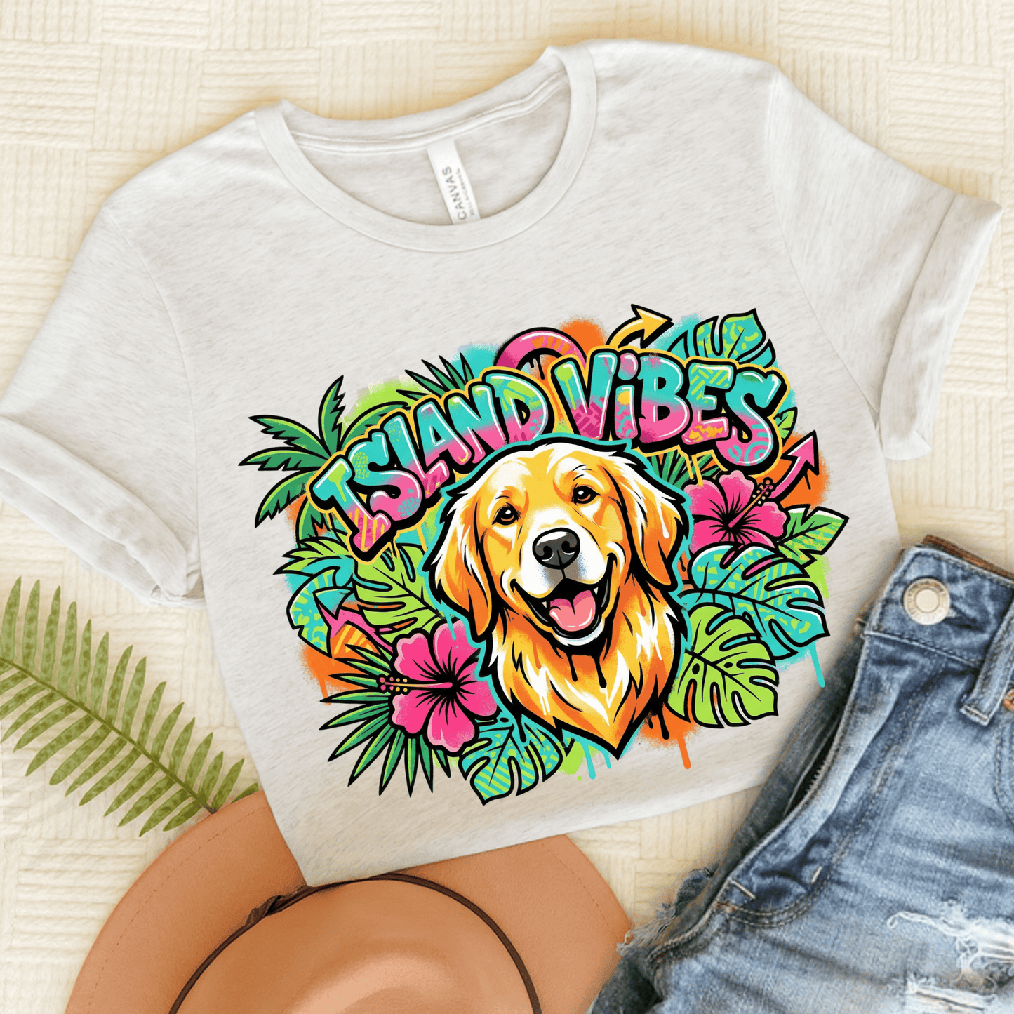 Golden Retriever Hawaiian Island Vibes Unisex Tshirt Ash