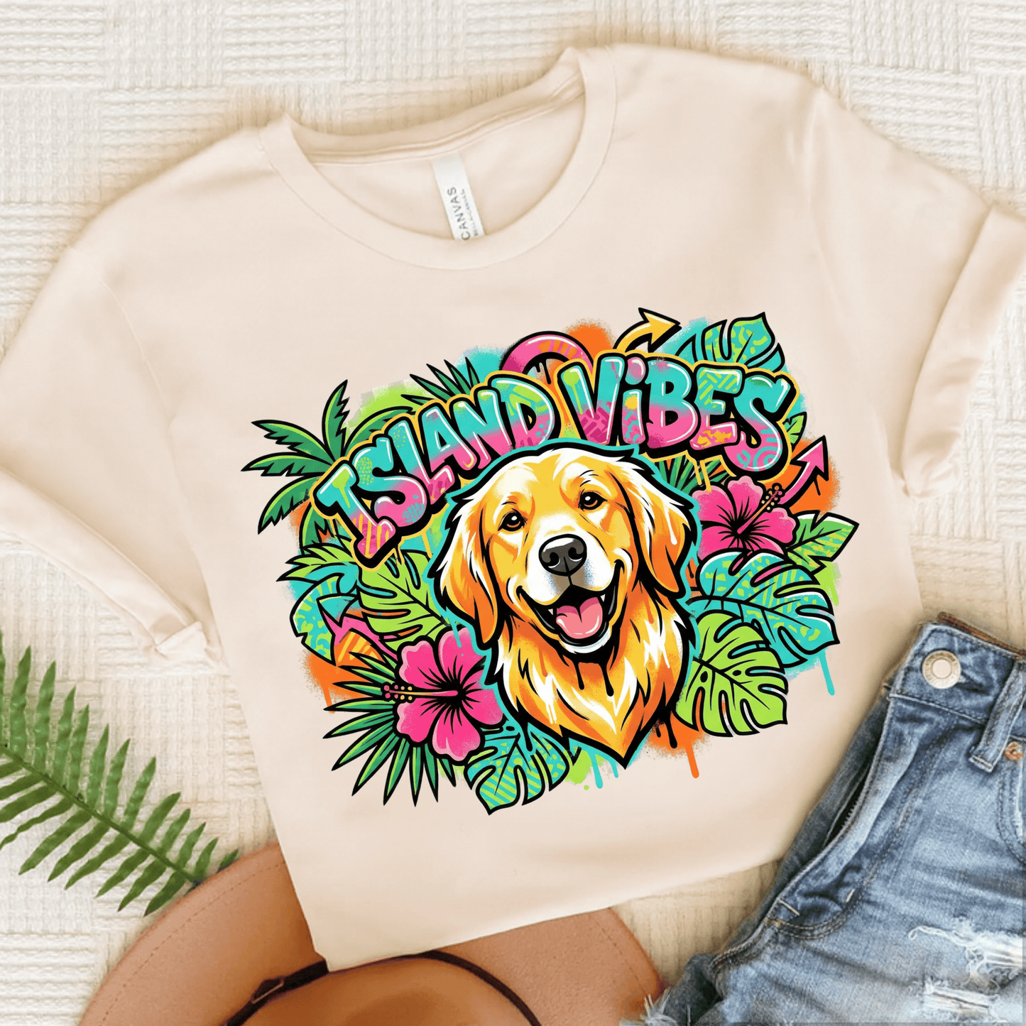 Golden Retriever Hawaiian Island Vibes Unisex Tshirt Natural