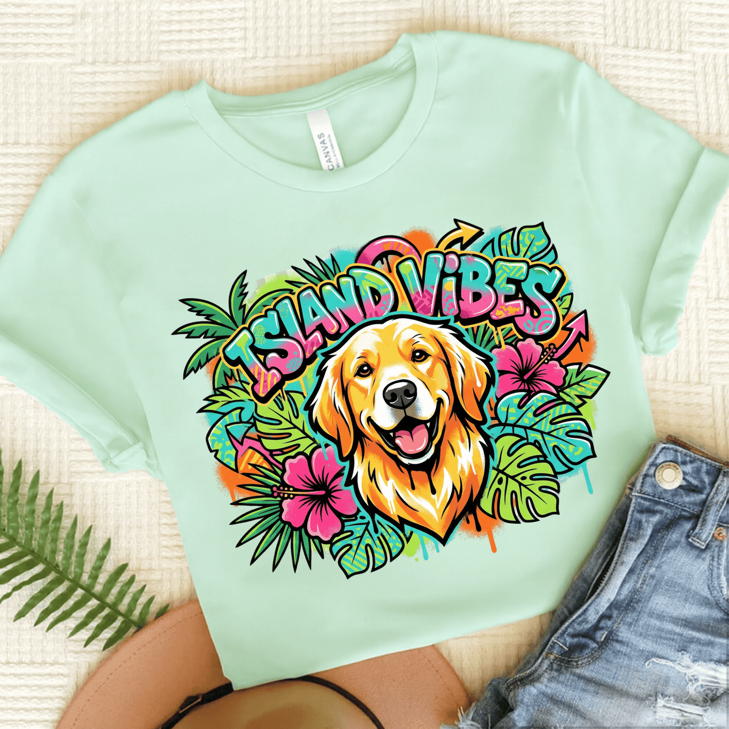 Golden Retriever Hawaiian Island Vibes Unisex Tshirt Heather Mint