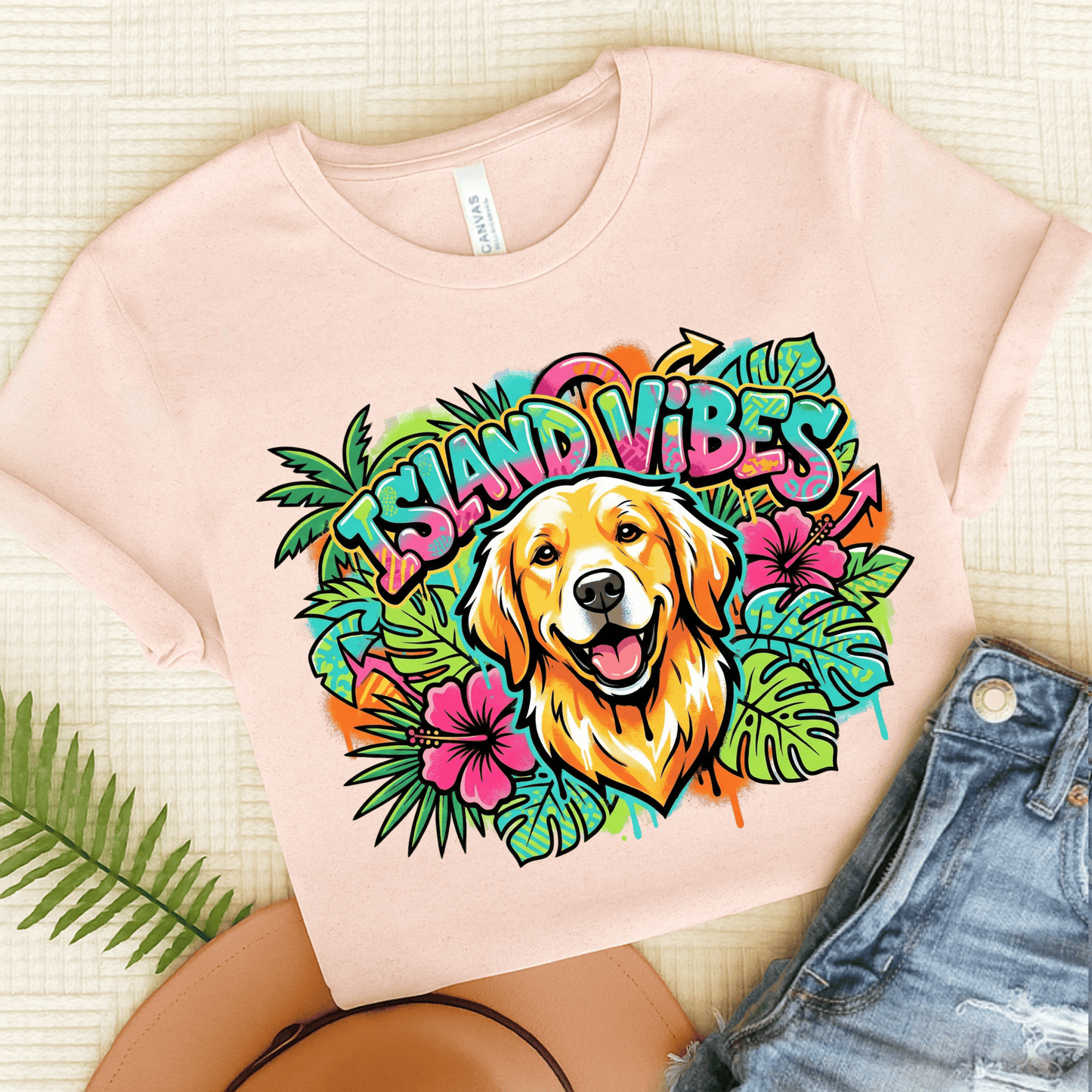 Golden Retriever Hawaiian Island Vibes Unisex Tshirt Soft Pink