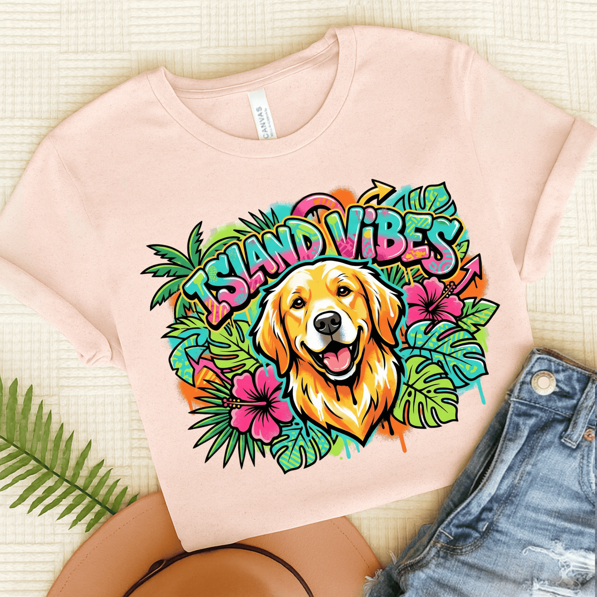 Golden Retriever Hawaiian Island Vibes Unisex Tshirt Soft Pink