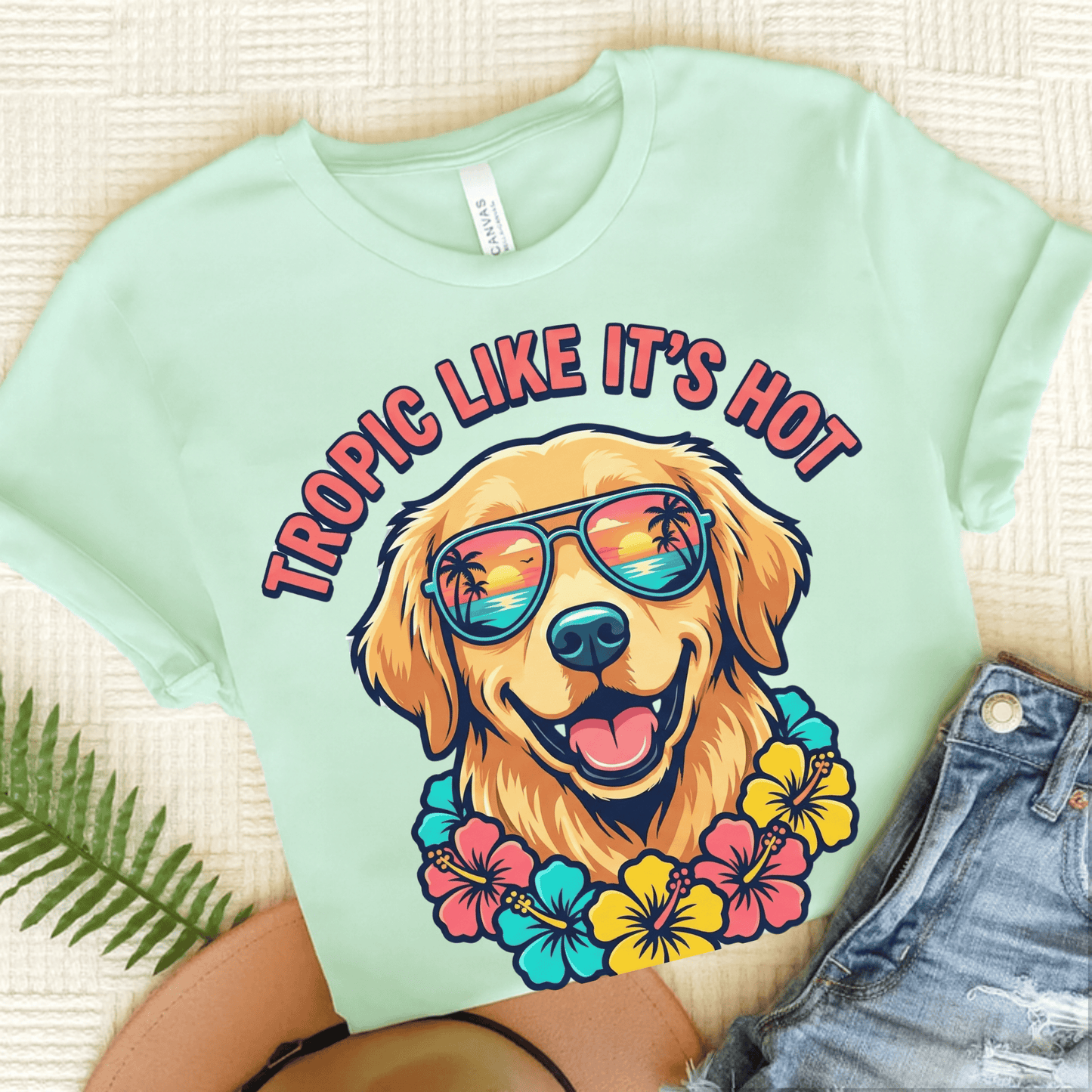 Golden Retriever Hawaiian Unisex Tshirt Heather Mint