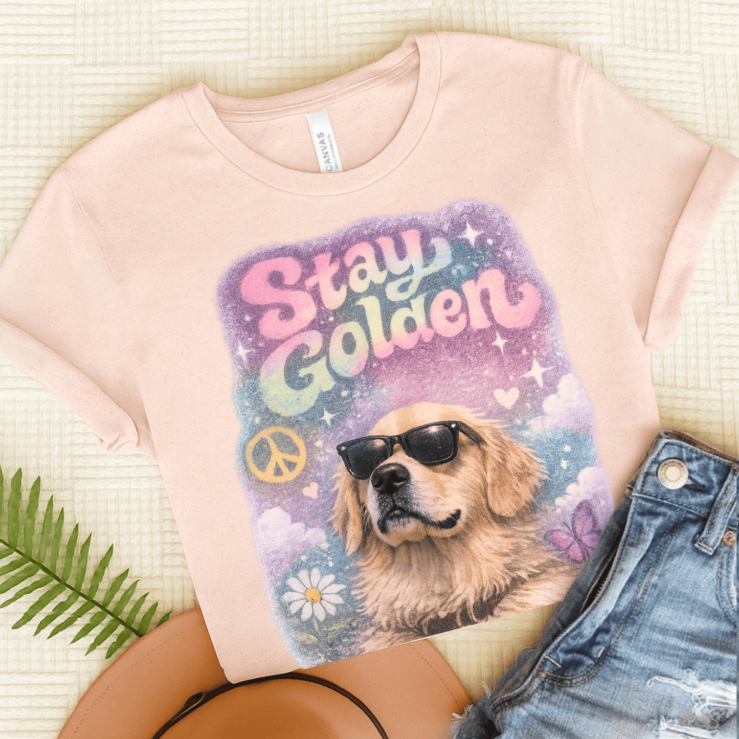 Golden Retriever Hippie Golden Unisex Tshirt Soft Pink