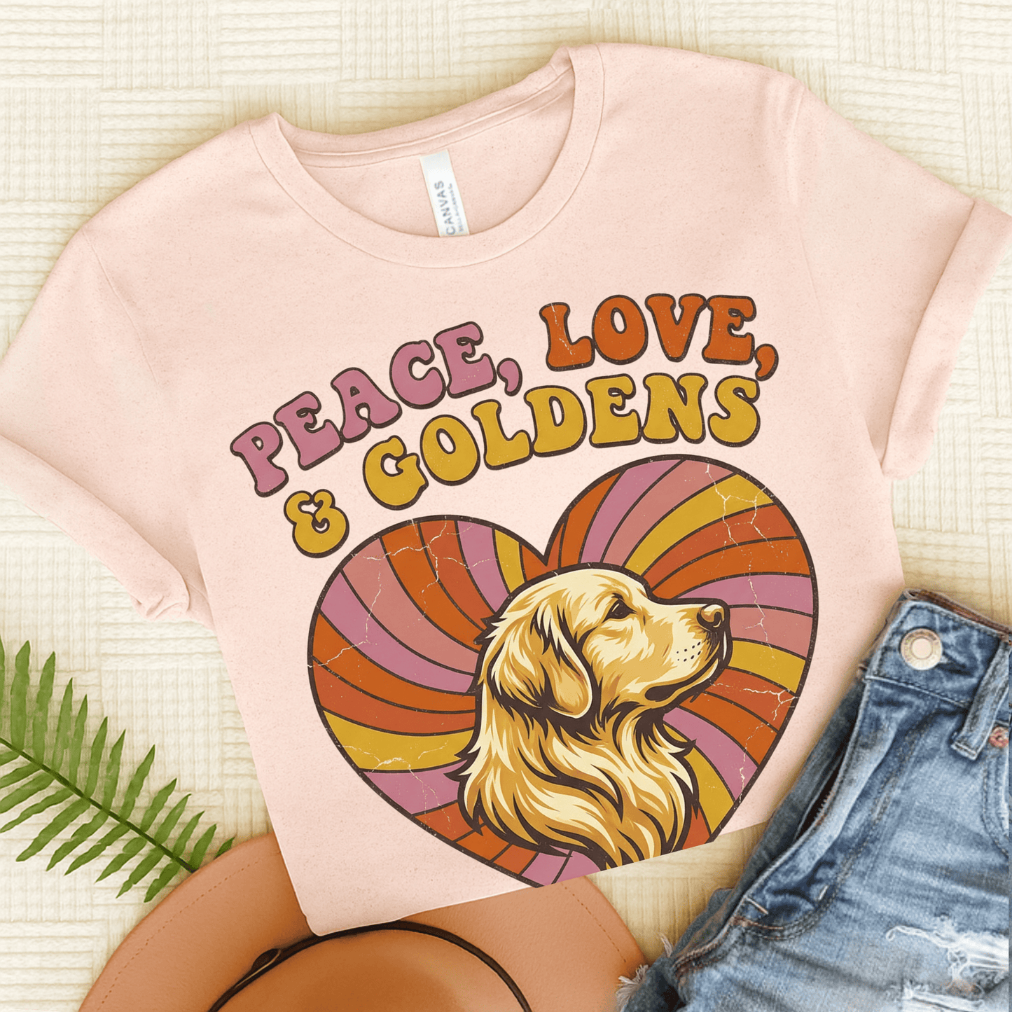 Golden Retriever Hippie Heart Unisex Tshirt Soft Pink