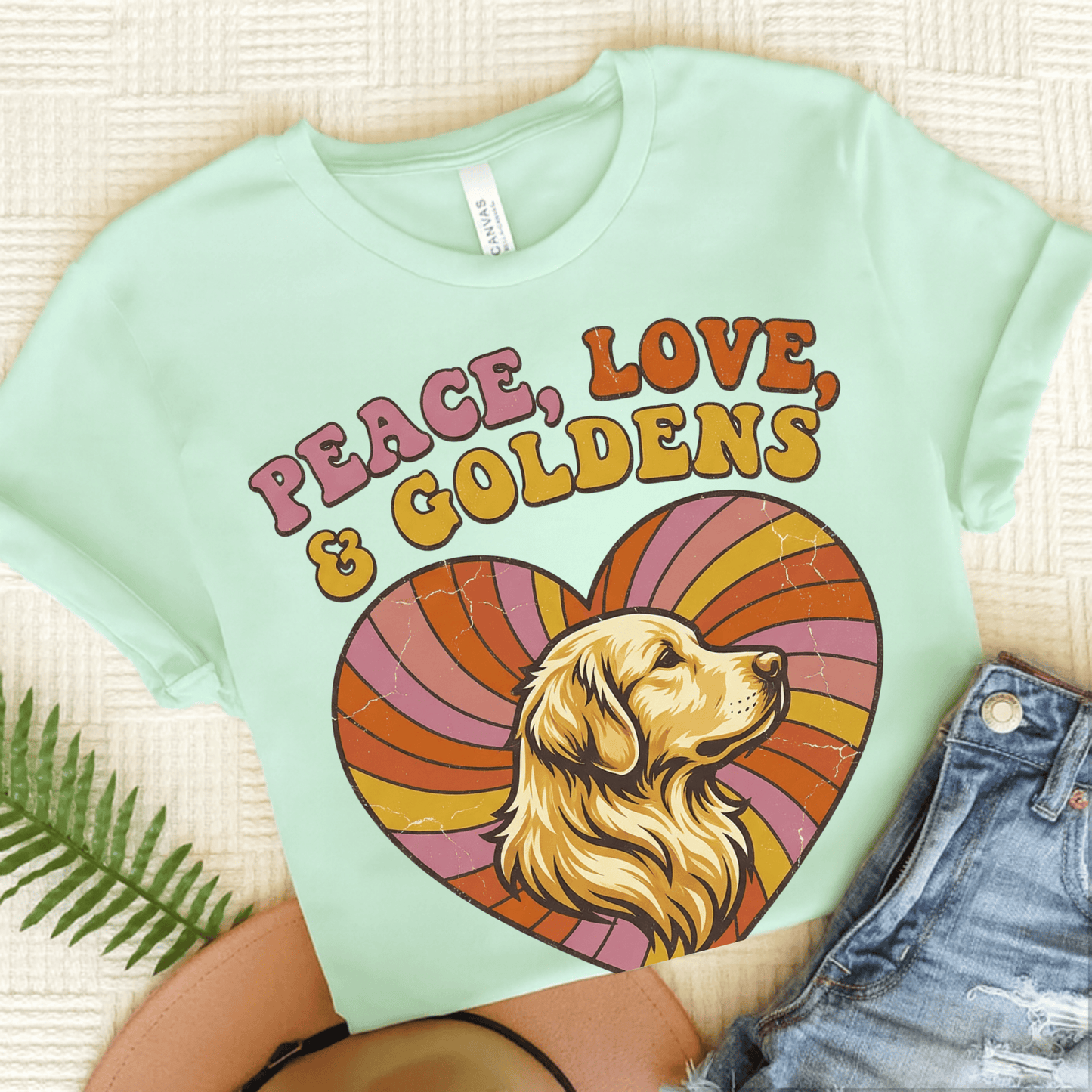 Golden Retriever Hippie Heart Unisex Tshirt Heather Mint