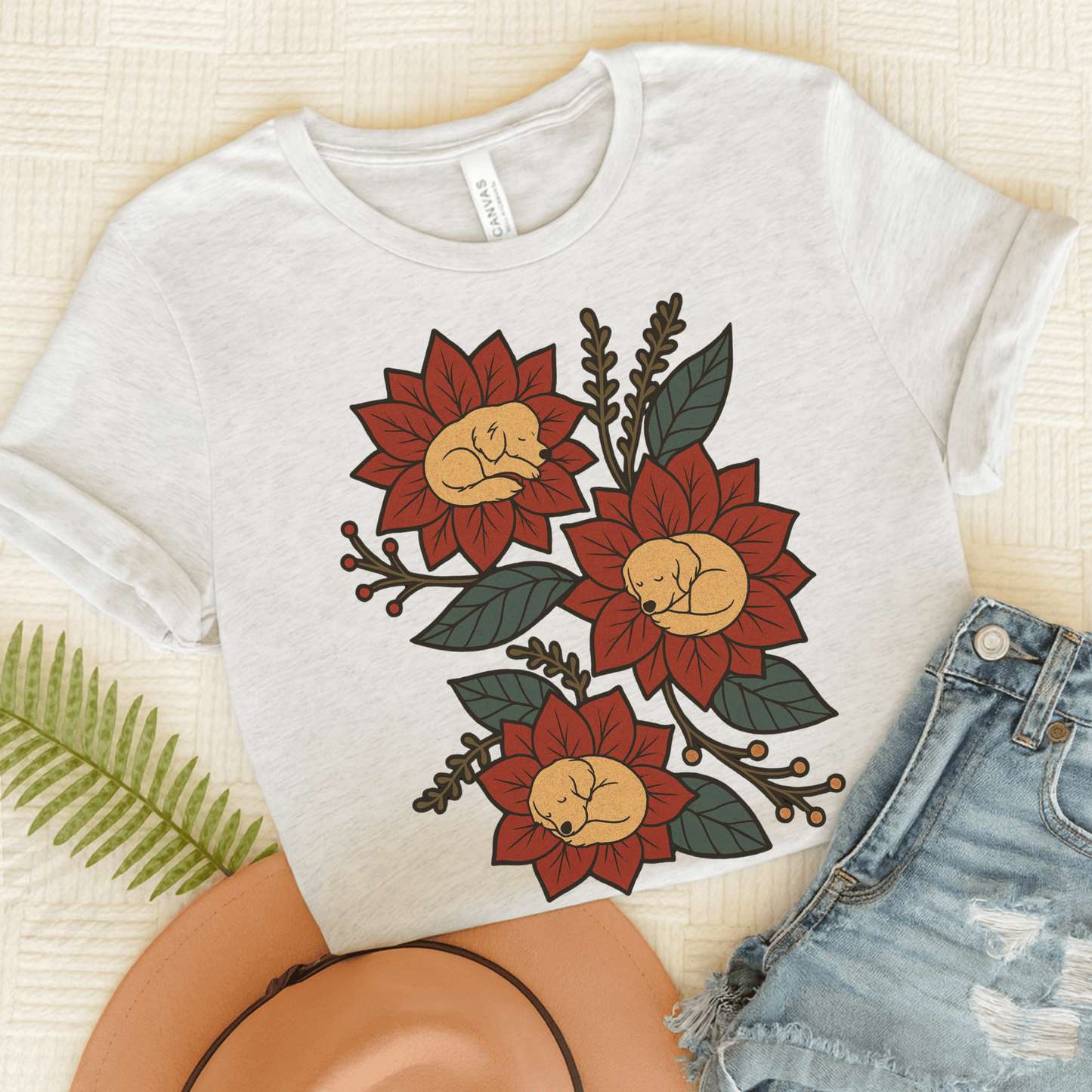 Golden Retriever Holiday Flowers Sleeping Unisex TShirt Ash