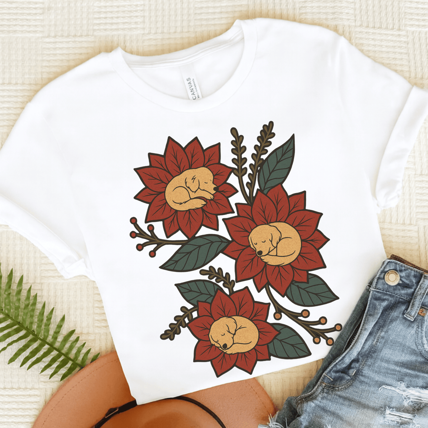 Golden Retriever Holiday Flowers Sleeping Unisex TShirt White