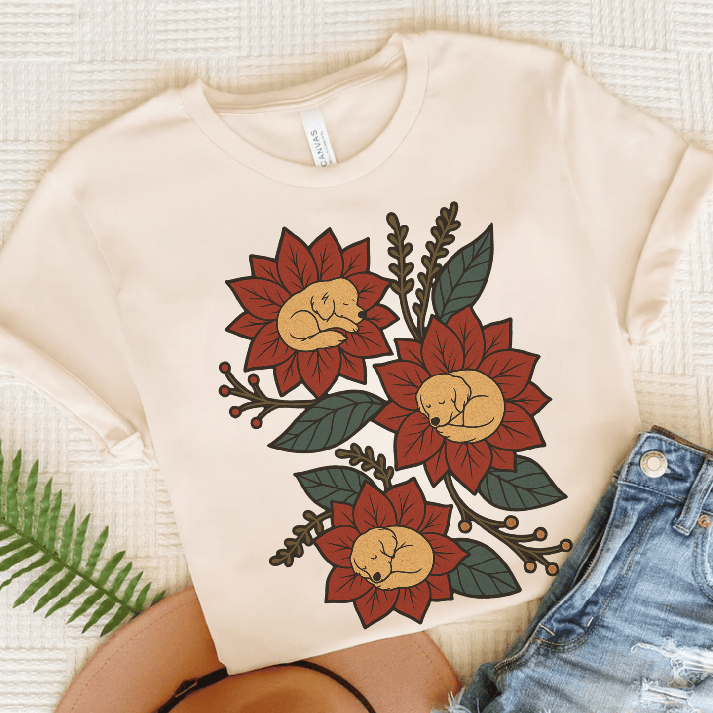 Golden Retriever Holiday Flowers Sleeping Unisex TShirt Natural