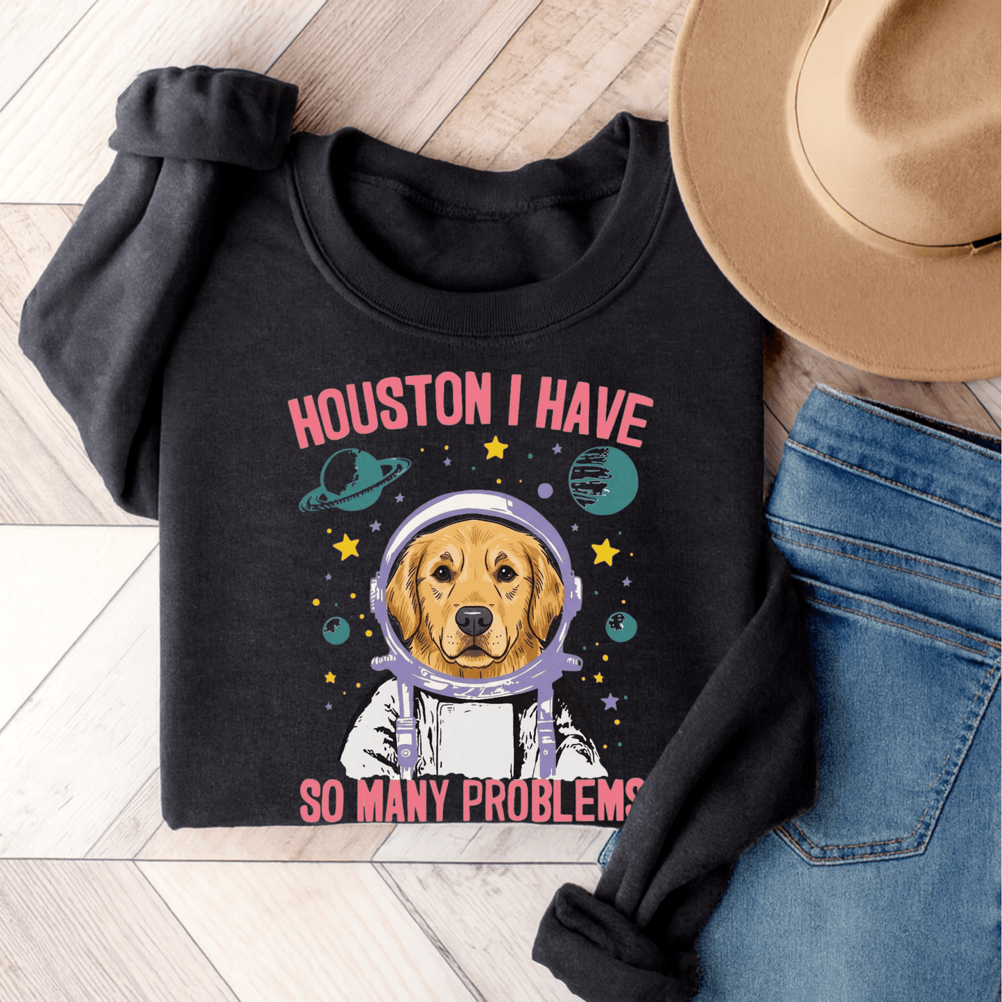 Golden Retriever Houston Space Unisex Sweatshirt Dark Heather