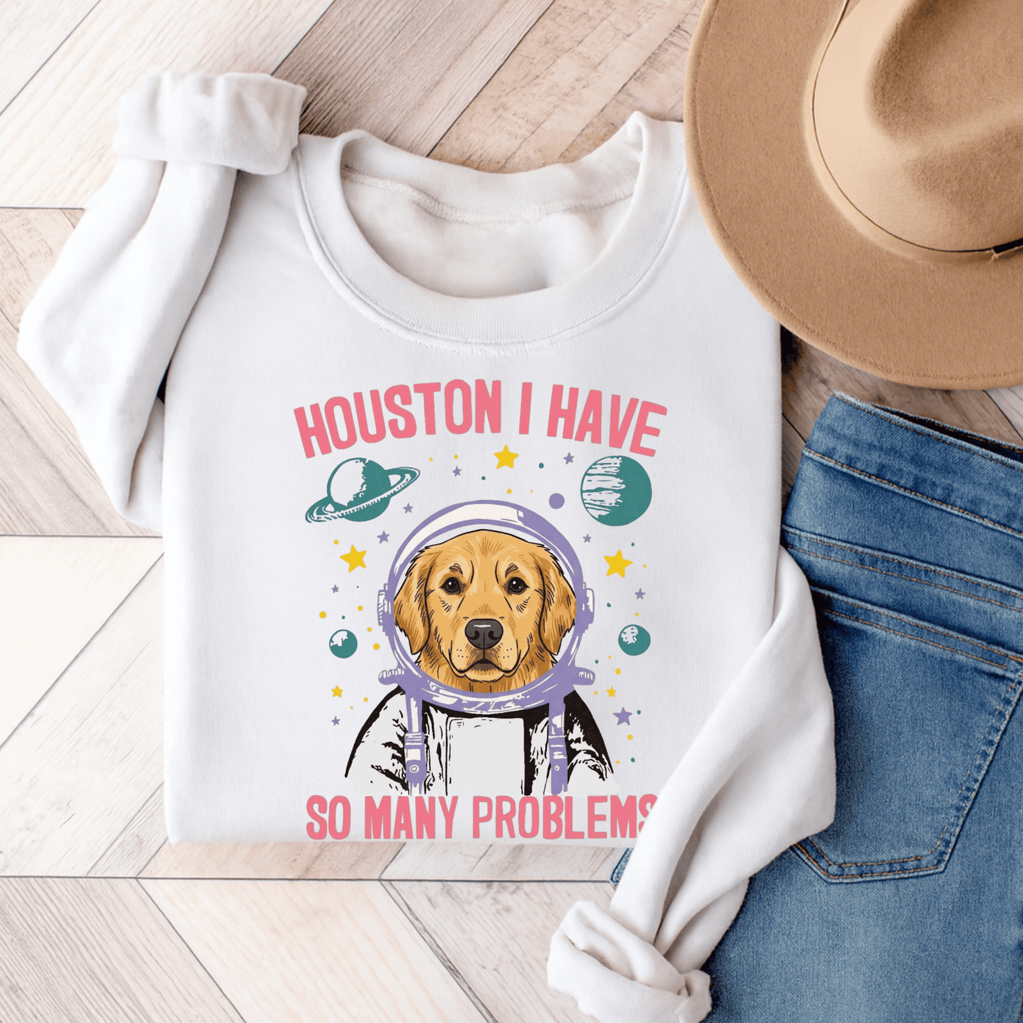 Golden Retriever Houston Space Unisex Sweatshirt White
