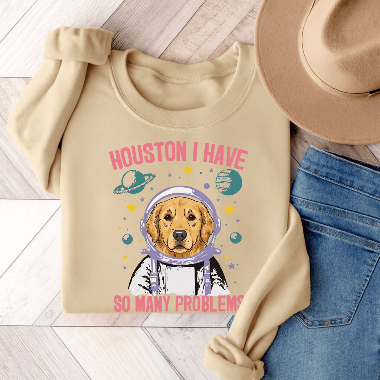 Golden Retriever Houston Space Unisex Sweatshirt Sand