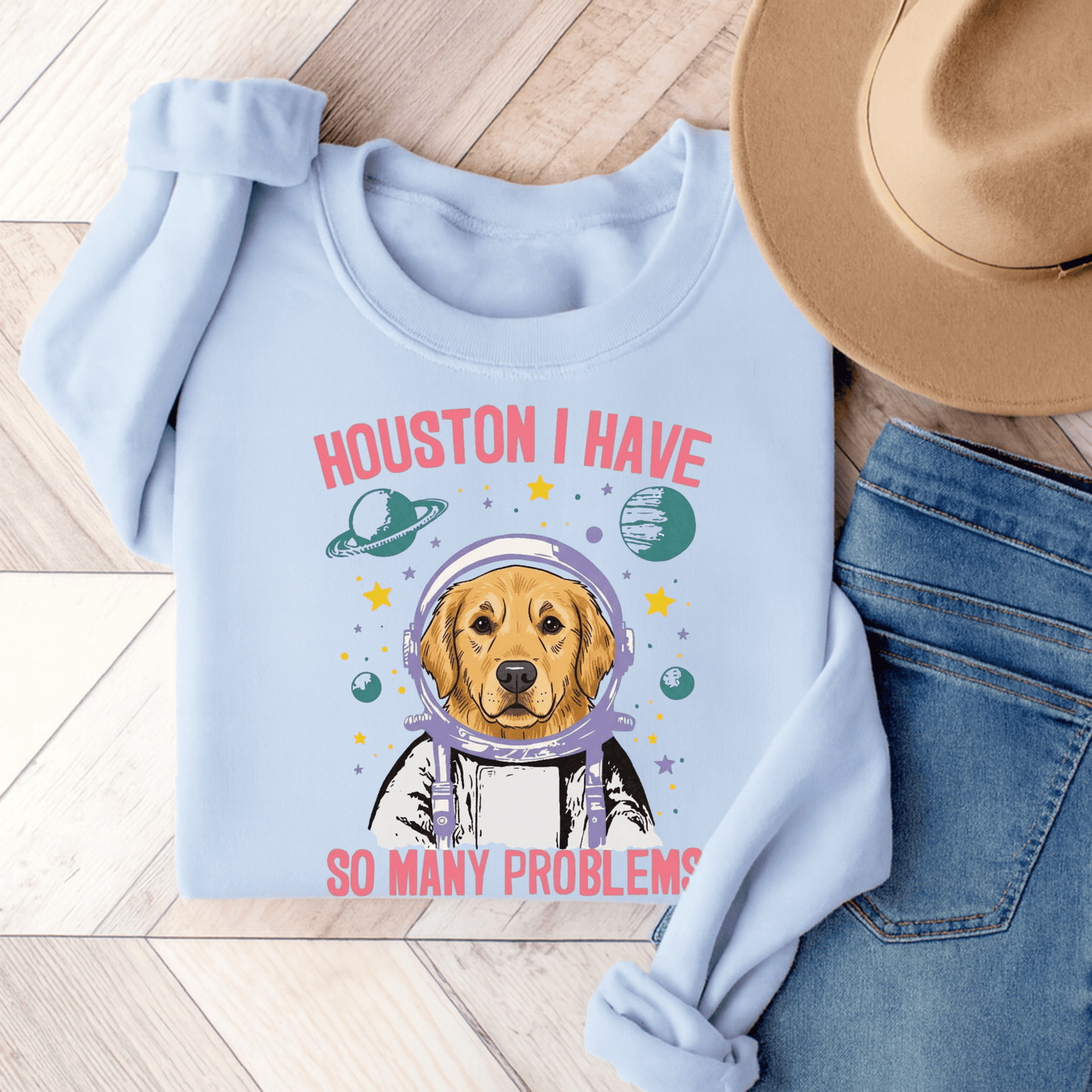 Golden Retriever Houston Space Unisex Sweatshirt Light Blue