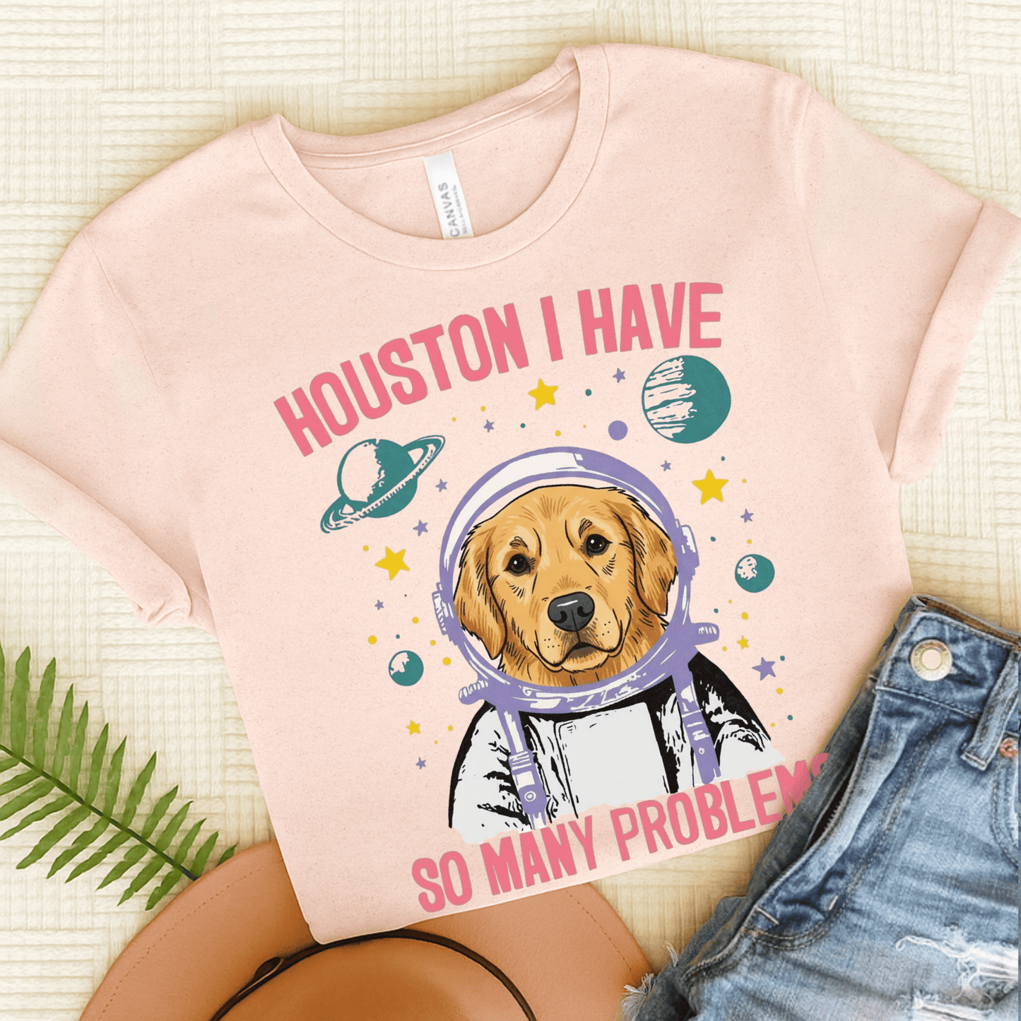 Golden Retriever Houston Space Unisex TShirt Soft Pink