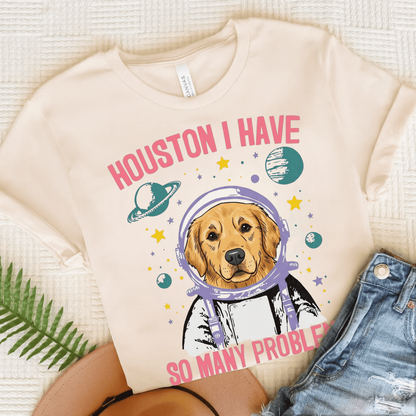 Golden Retriever Houston Space Unisex TShirt Natural