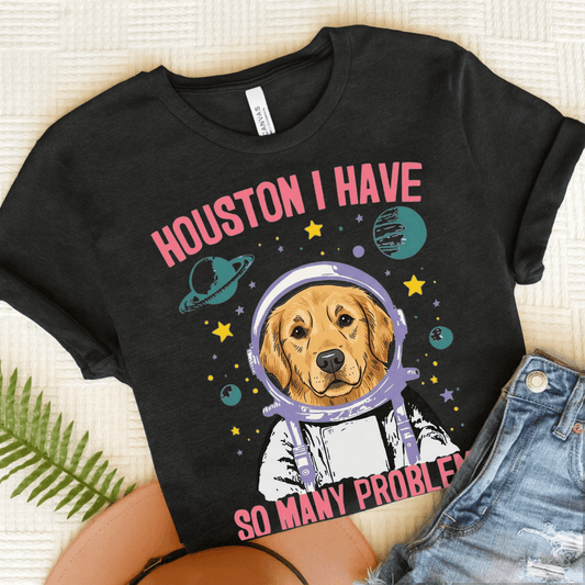 Golden Retriever Houston Space Unisex TShirt Dark Grey Heather