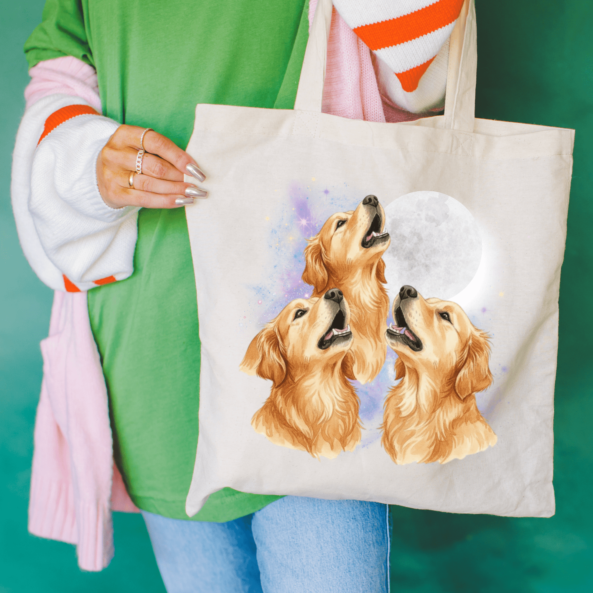 Golden Retriever Howling Tote Bag Natural 15" x 16"